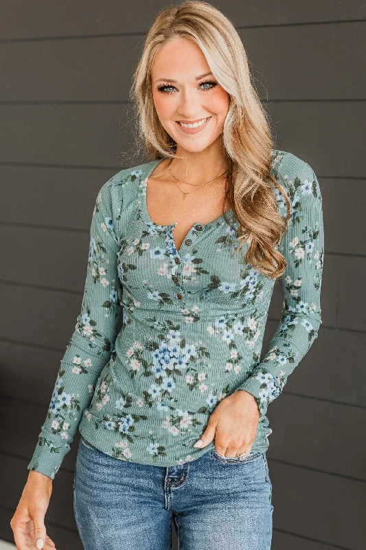 All Together Now Floral Henley Top- Sage