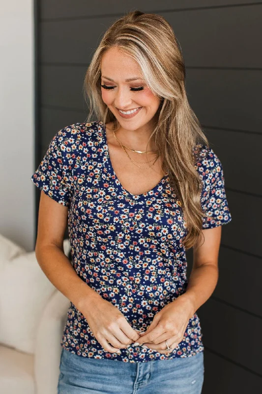 Always Beloved Short Sleeve Floral Top- Royal Blue