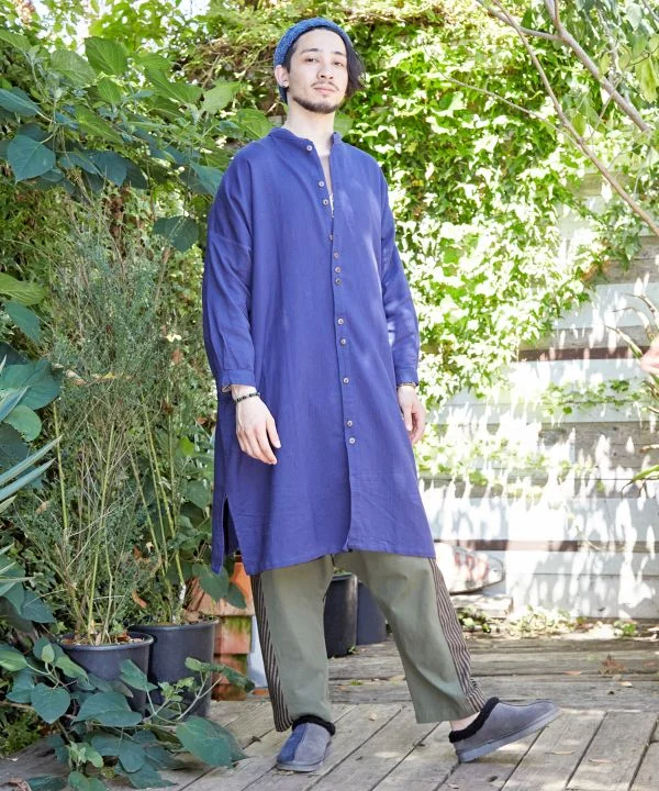 Nepali Cotton Band Collar Long Shirt