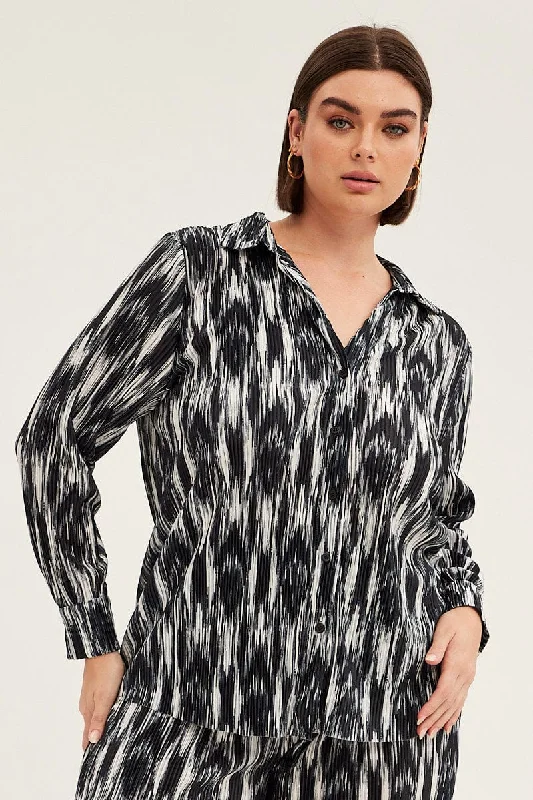 Black Abstract Relaxed Shirt Long Sleeve V-neck Plisse