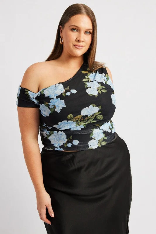 Black Floral One Shoulder Top Short Sleeve Mesh