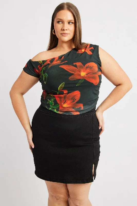 Black Floral One Shoulder Top Short Sleeve Mesh