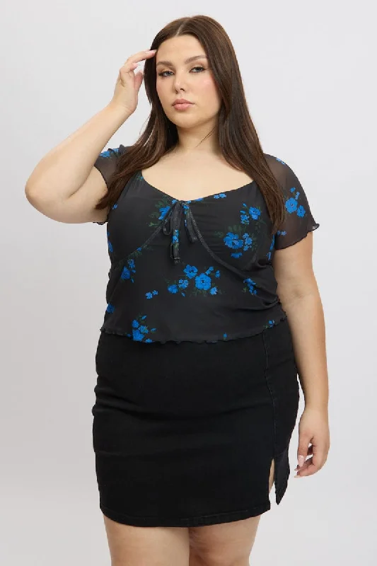 Blue Ditsy Floral Mesh Top Short Sleeve V Neck