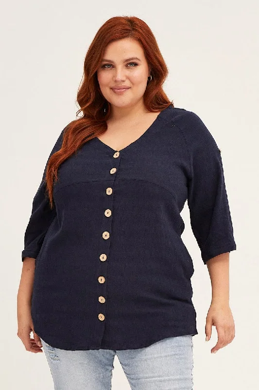 Blue Navy Crinkle Texture V-neck Pocket Shirt