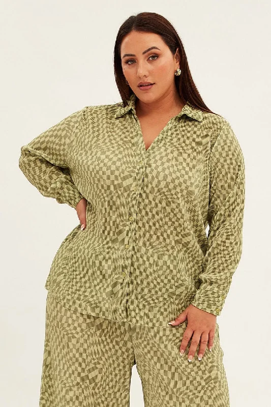 Green Check Relaxed Shirt Long Sleeve Plisse