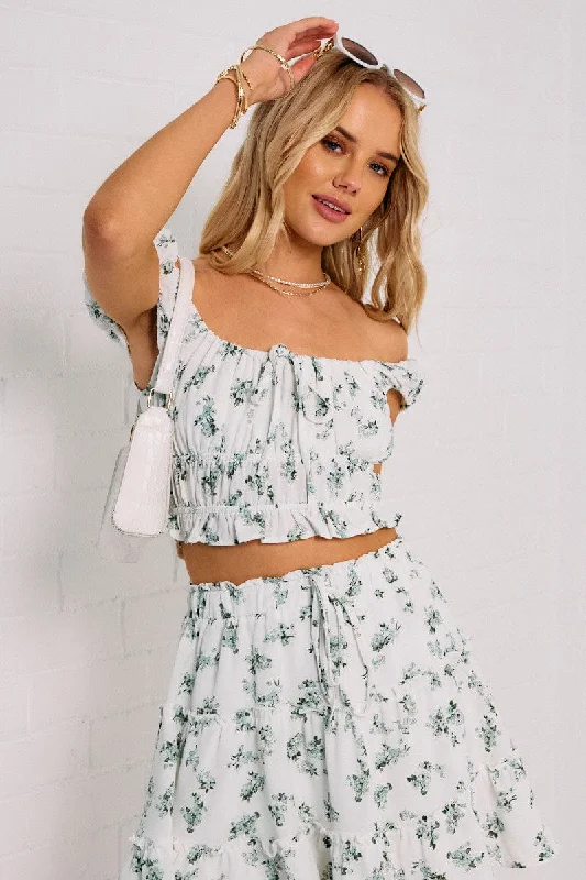 Green Ditsy Crop Top Short Sleeve Ruched