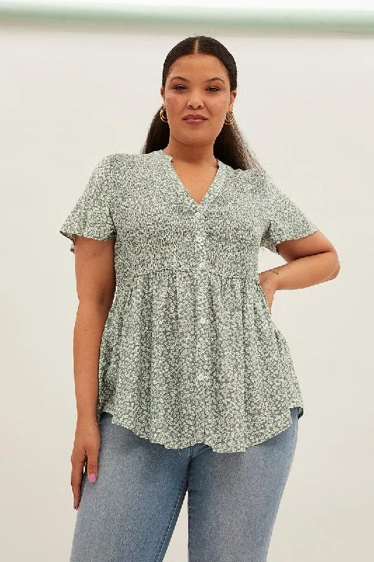 Green Ditsy Shirred Shirts Short Sleeve V-neck