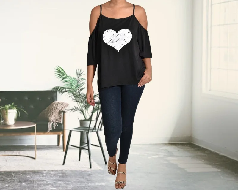 Heart Print Cold Shoulder Top