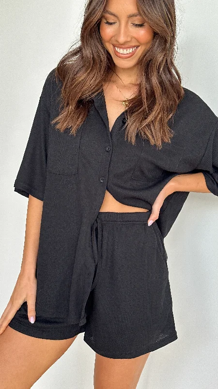 Machiko Button Up Shirt and Shorts Set - Black Waffle Knit