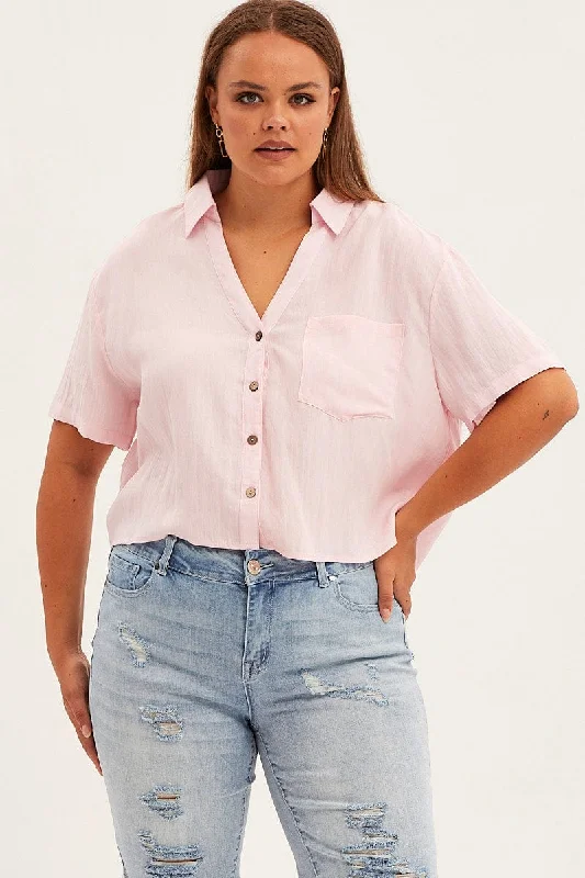 Pink Crop Shirt Short Sleeve Button Up