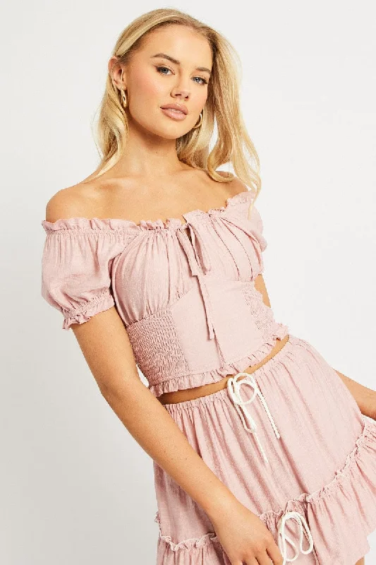 Pink Crop Top Short Sleeve Shirred Waist