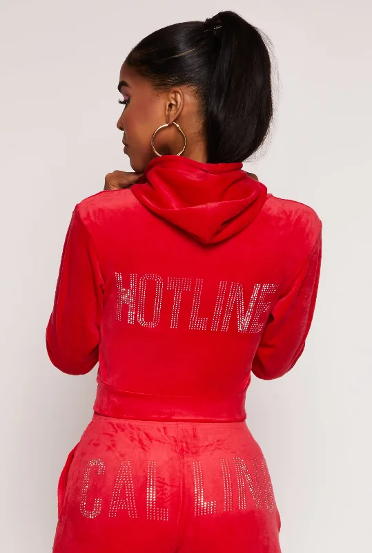 Velour Hotline Rhinestone Zip Front Hoodie