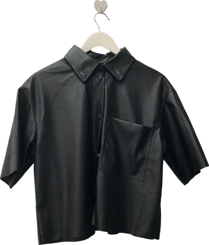 River Island Black Faux Leather Short Sleeve Shirt UK 10