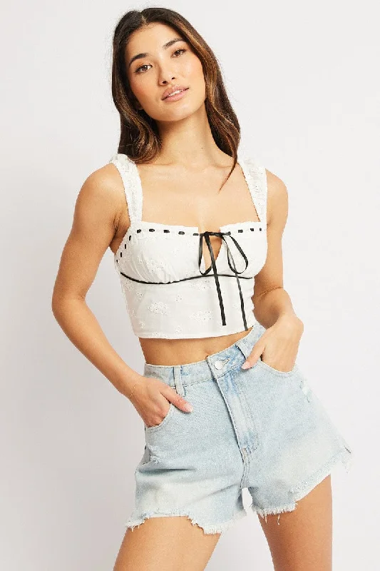 White Crop Top Sleeveless Eyelet Ribbon