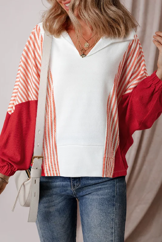 Striped Color Block Collared V Neck Oversized Sweatshirt