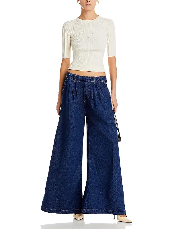 Womens High Rise Pleated Wide Leg Jeans