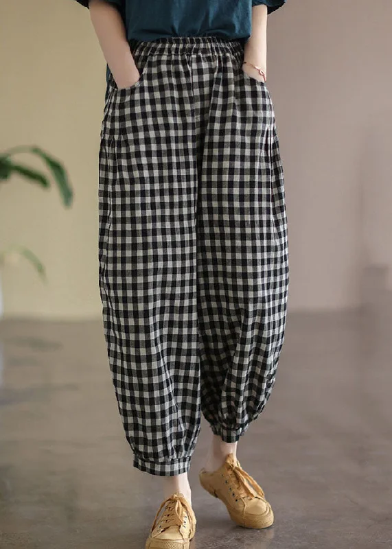 Black Plaid Pockets Plus Size Linen High Waist Crop Pants Summer