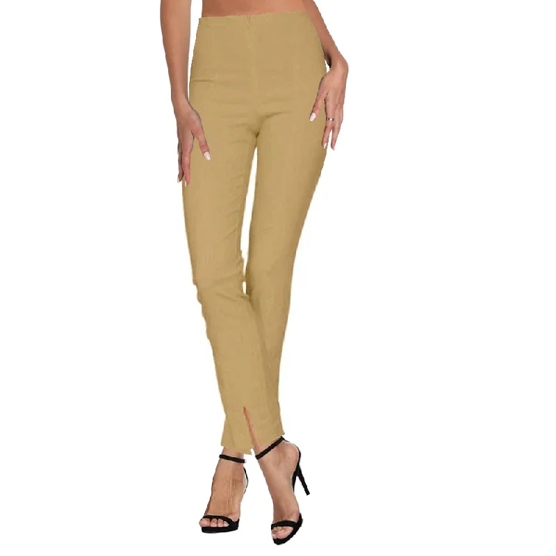 Klaveli Pants with Front Ankle Slits and Front Zipper in Khaki - KLA-KHK