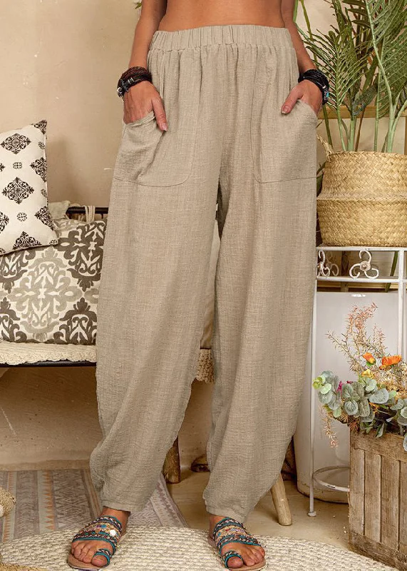 New Khaki Pockets Elastic Waist Linen Pants Summer