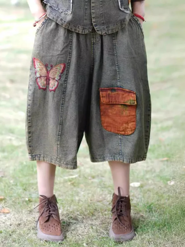 Vintage Butterfly Embroidery Spliced Denim Pants