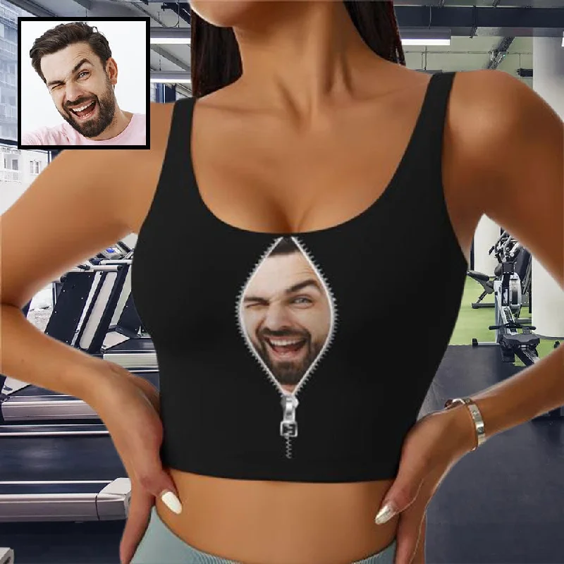 Custom Husband Face Zipper Black Background Sports Bra Personalized Women's All Over Print Yoga Sports Bra