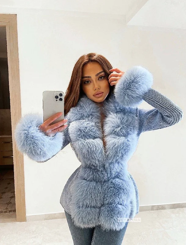 Blue Detachable Fox Fur Trimmed Ribbed Knit Sweater