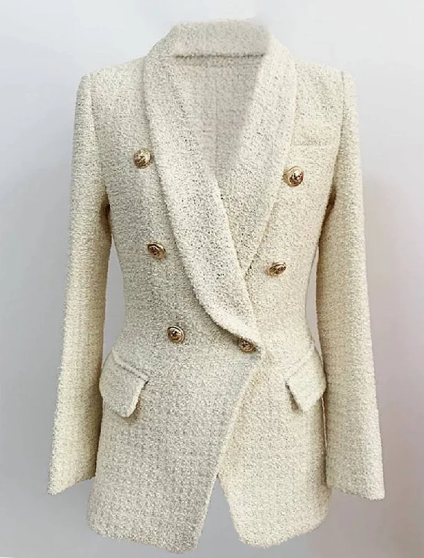 Double Breasted Shawl Collar Tweed Long Blazer