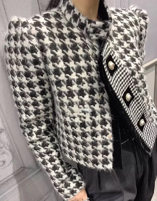 Houndstooth Cropped Tweed Coat