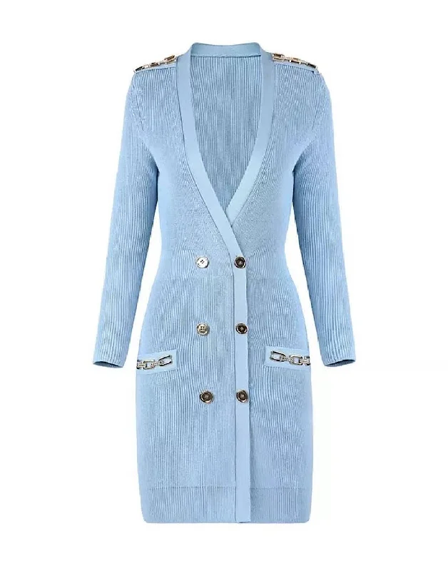 Light Blue Gold Button Chain Knitted Cardigan Dress