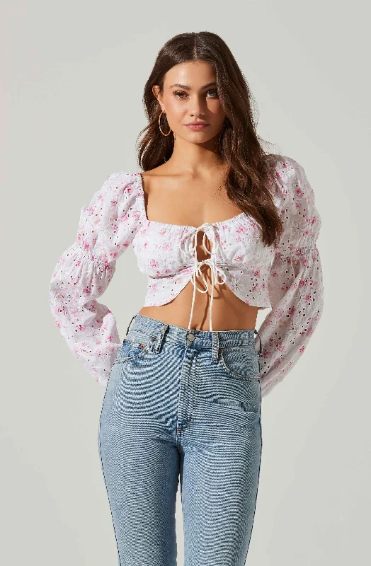 Valo Floral Eyelet Long Sleeve Crop Top