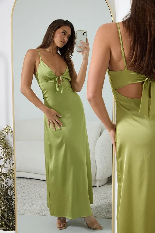 Green Maxi Dress Cut Out Satin