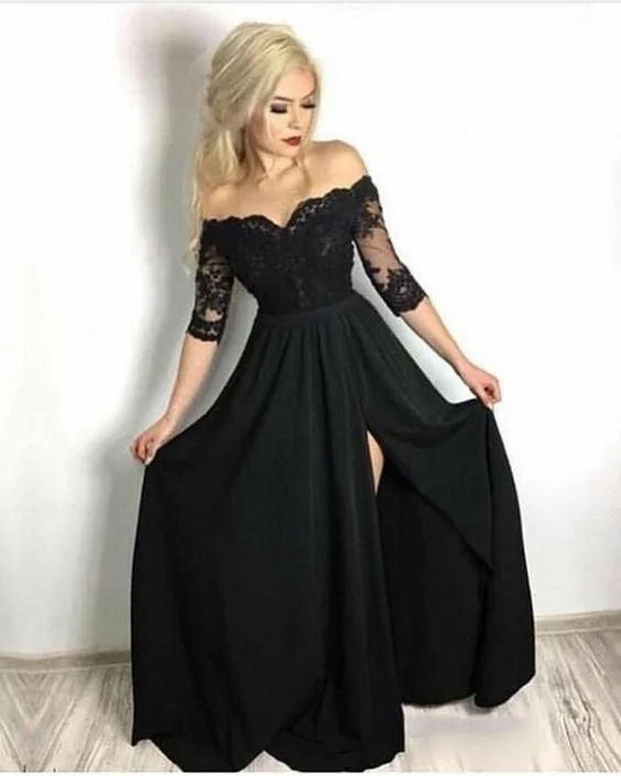 A-Line black evening dress long prom dress     S896