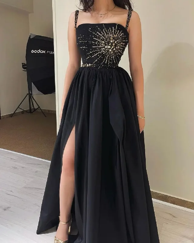 A-line Black Satin Prom Formal Dress With Pockets High Side Slit Party Gowns Long Beading Sleeveless Evening Dress