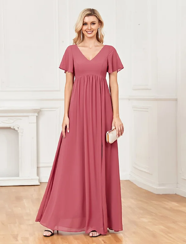 A-Line Evening Gown Empire Dress Party Wear Floor Length Short Sleeve V Neck Chiffon V Back with Slit