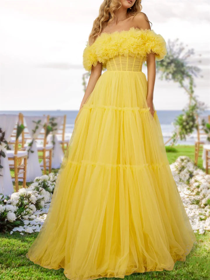 A-Line/Princess Off-The-Shoulder Long Tulle Prom Evening Party Dresses With Ruffles