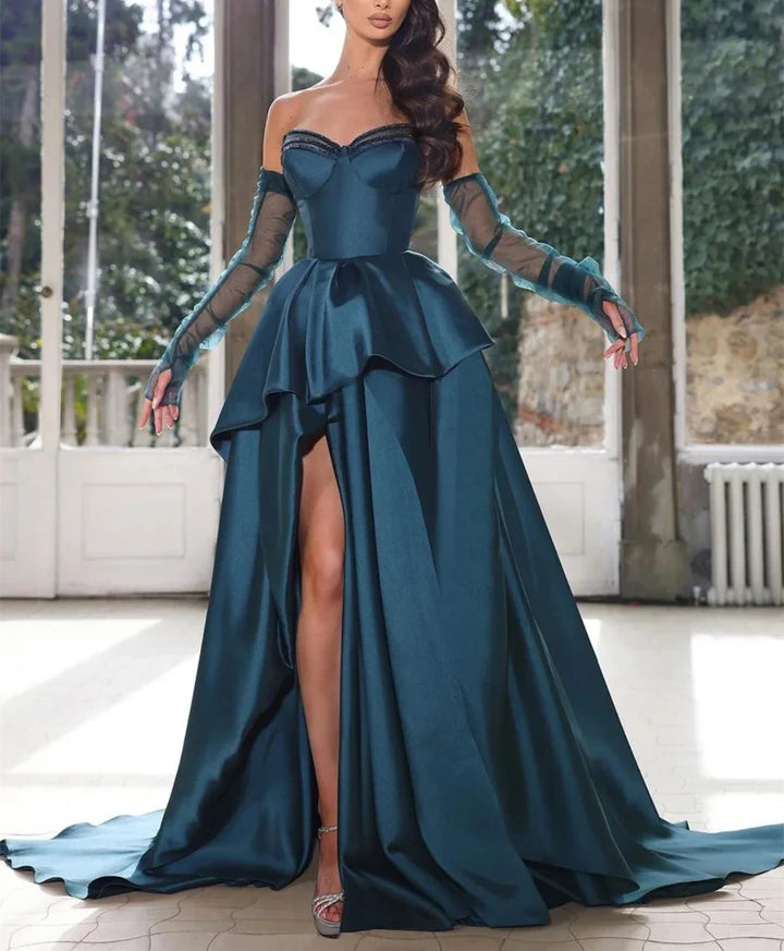 A-Line/Princess Strapless Half Sleeves Floor-Length Long Formal Evening Dresses With Split Side