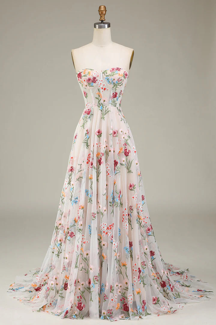 A-Line/Princess Sweetheart Strapless Floor-Length Floral Evening Dress With Embroidery