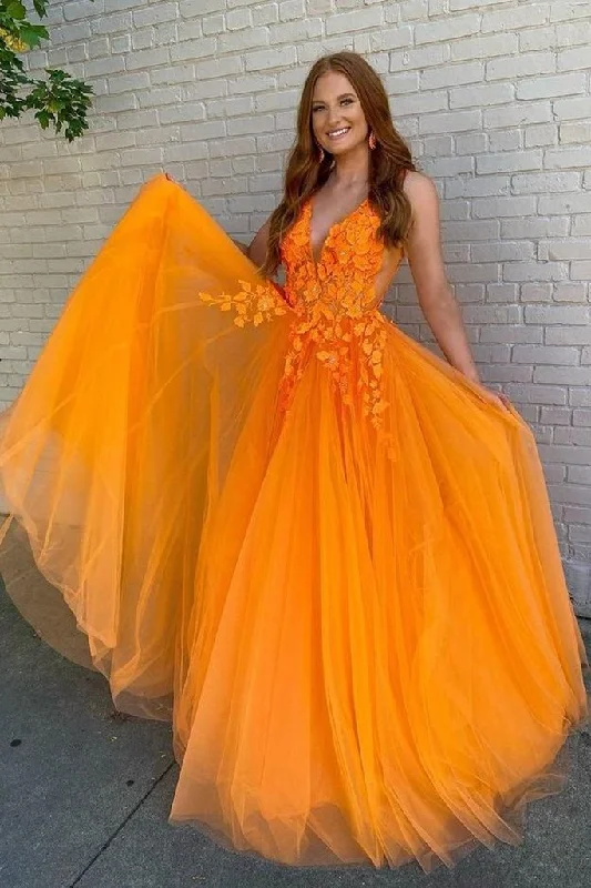 A Line V Neck Orange Lace Long Prom Dress, Orange Lace Formal Dress, Orange Evening Dress