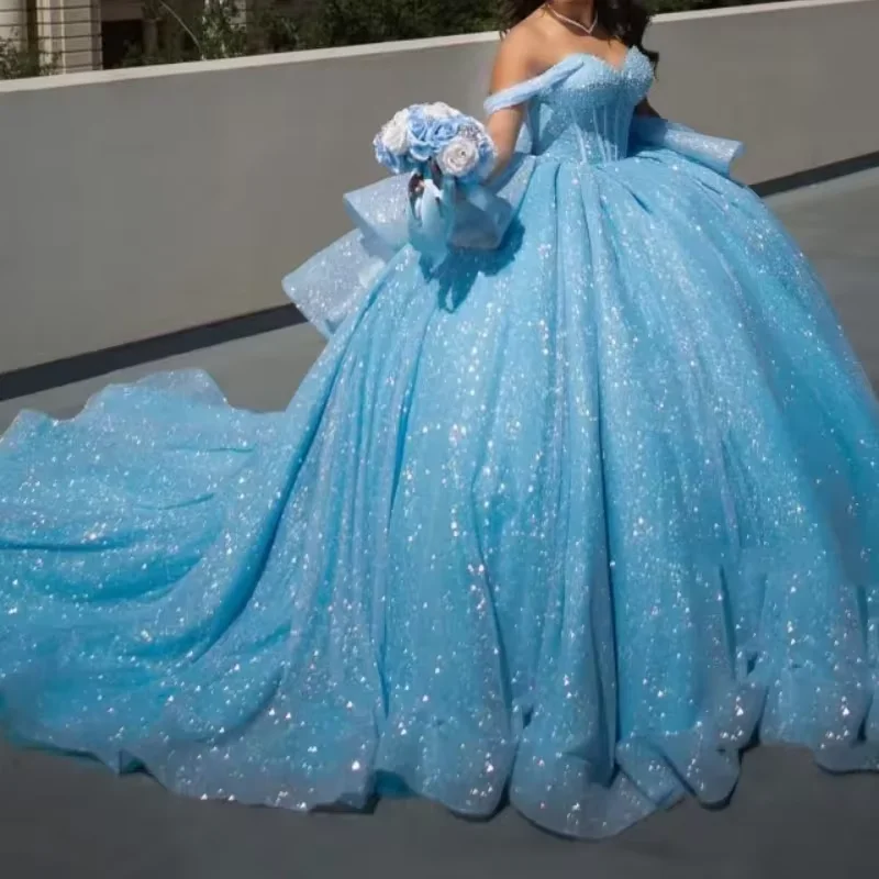 Baby Blue Glitter Ball Gown Quinceanera Dresses Sweet 16 Off The Shoulder Corset Vestido De 15 14 Anos Party Prom