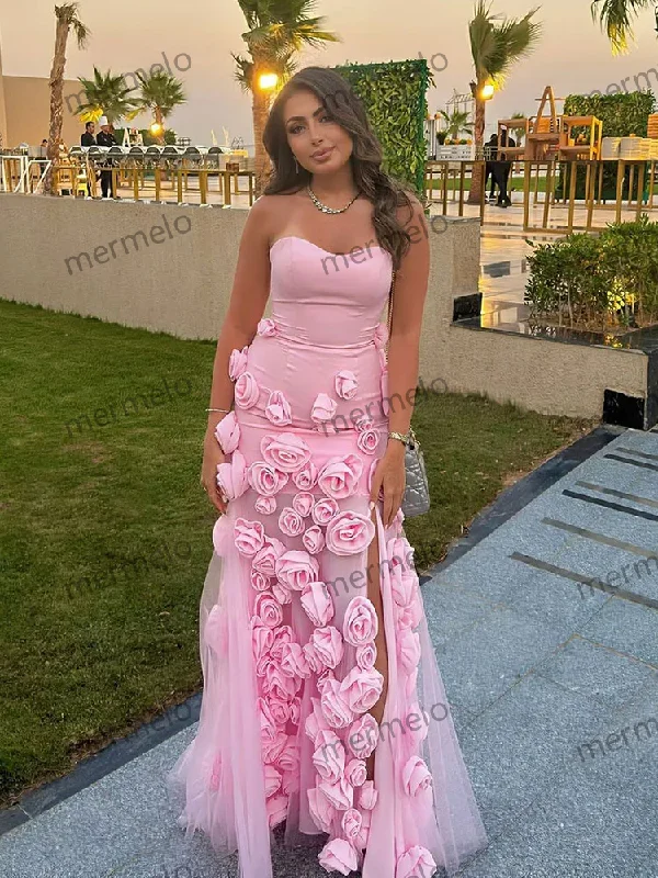 Baby Pink 3D Flowers Prom Dresses Strapless Slit Women Evening Gowns