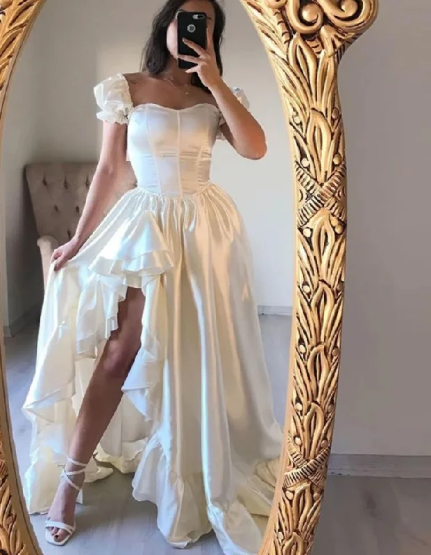 A-line Prom Dresses Short Sleeves Sweetheart Ruffles Evening Party Gowns Long Satin Princess Homecoming Dress