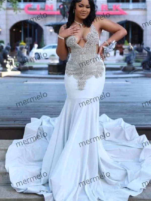 Diamond Silver Prom Dress For Black Girls Sequin Mermaid Party Gala Gowns