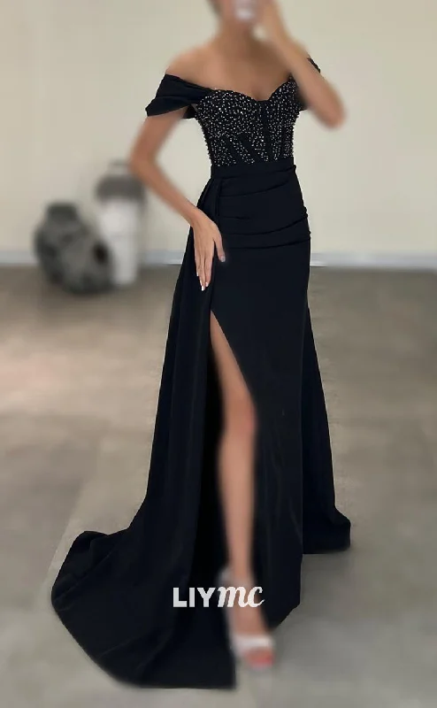 LP1148 - Off Shoulder Beads Satin Pleated Mermaid Formal Evening Dress with Slit