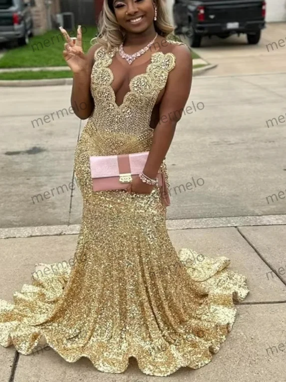 Luxury Gold Diamond Evening Dress Plus Size Sparkly Sequin Prom Dress Rhinestone