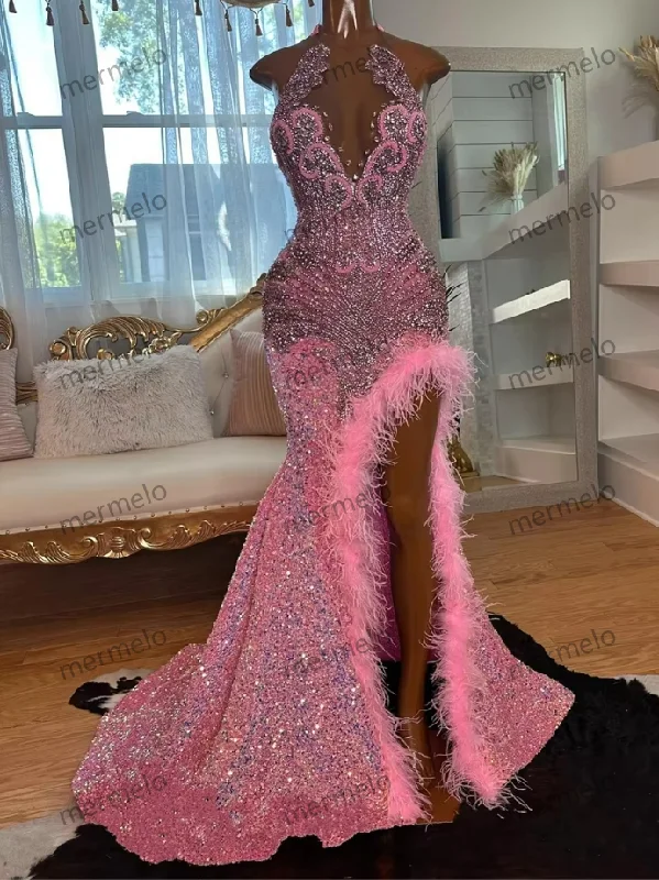 Pink Diamonds Sequin Prom Dress Feathers Mermaid Crystal Rhinestone Birthday Party