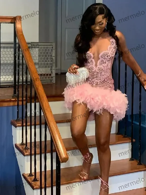 Pink Short Prom Dress For Black Girls Beaded Crystal Birthday Party Gowns Feathers