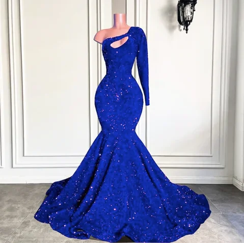 royal blue sparkly prom dresses long sleeve one shoulder mermaid cheap formal party dresses     S915