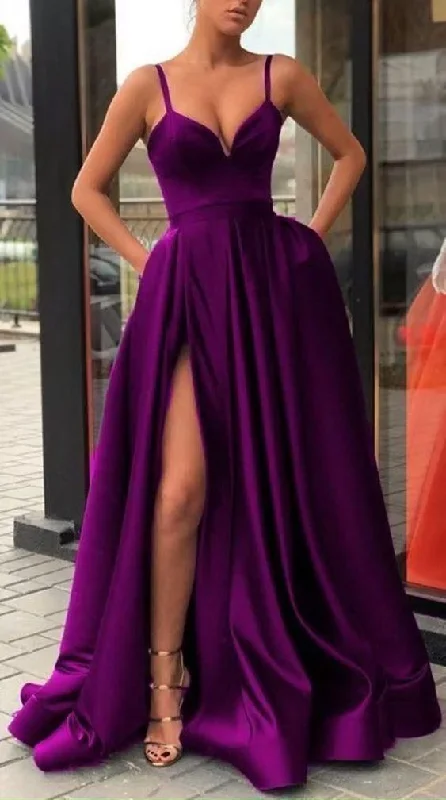 Satin Long Prom Dresses,Spaghetti Straps Party Dresses,Split Evening Gown    S658