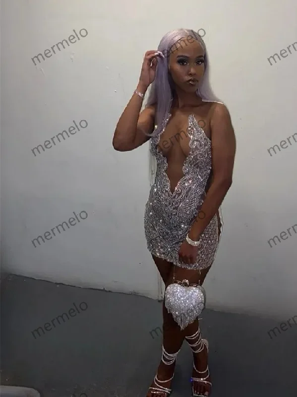 Silver Short Prom Dresses For Black Girls Beaded Crystal Birthday Party Homecoming Dress