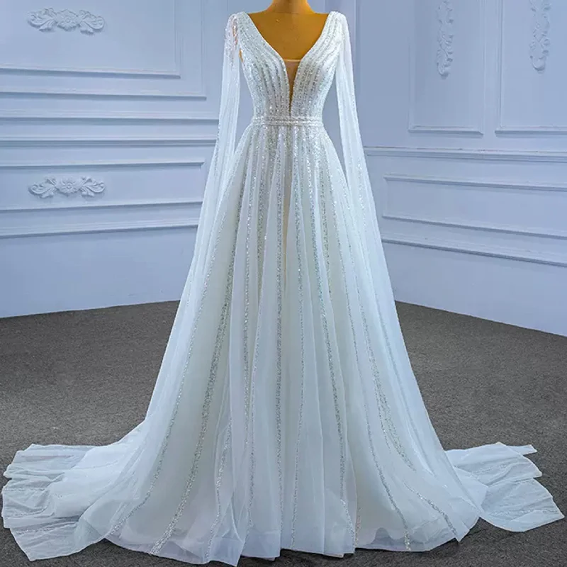 Beaded Cape Sleeve Wedding Dress V-neck Bridal Gown with Vneck